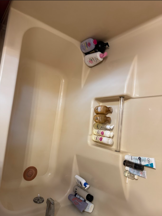 Shower box before cleaning — cluttered products
